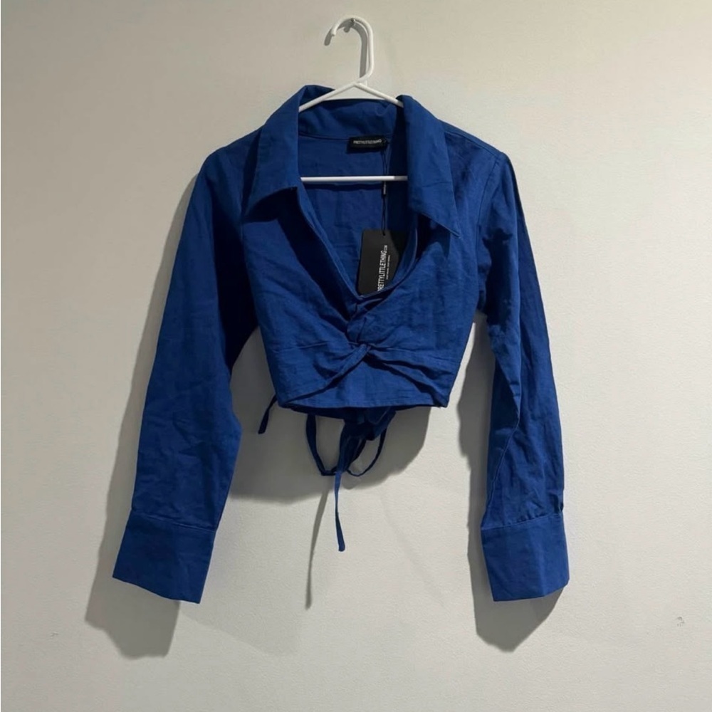 PRETTYLITTLETHING Bright Blue Linen Cut Out Wrap Top – NWT (Size 6) - Picture 3 of 4